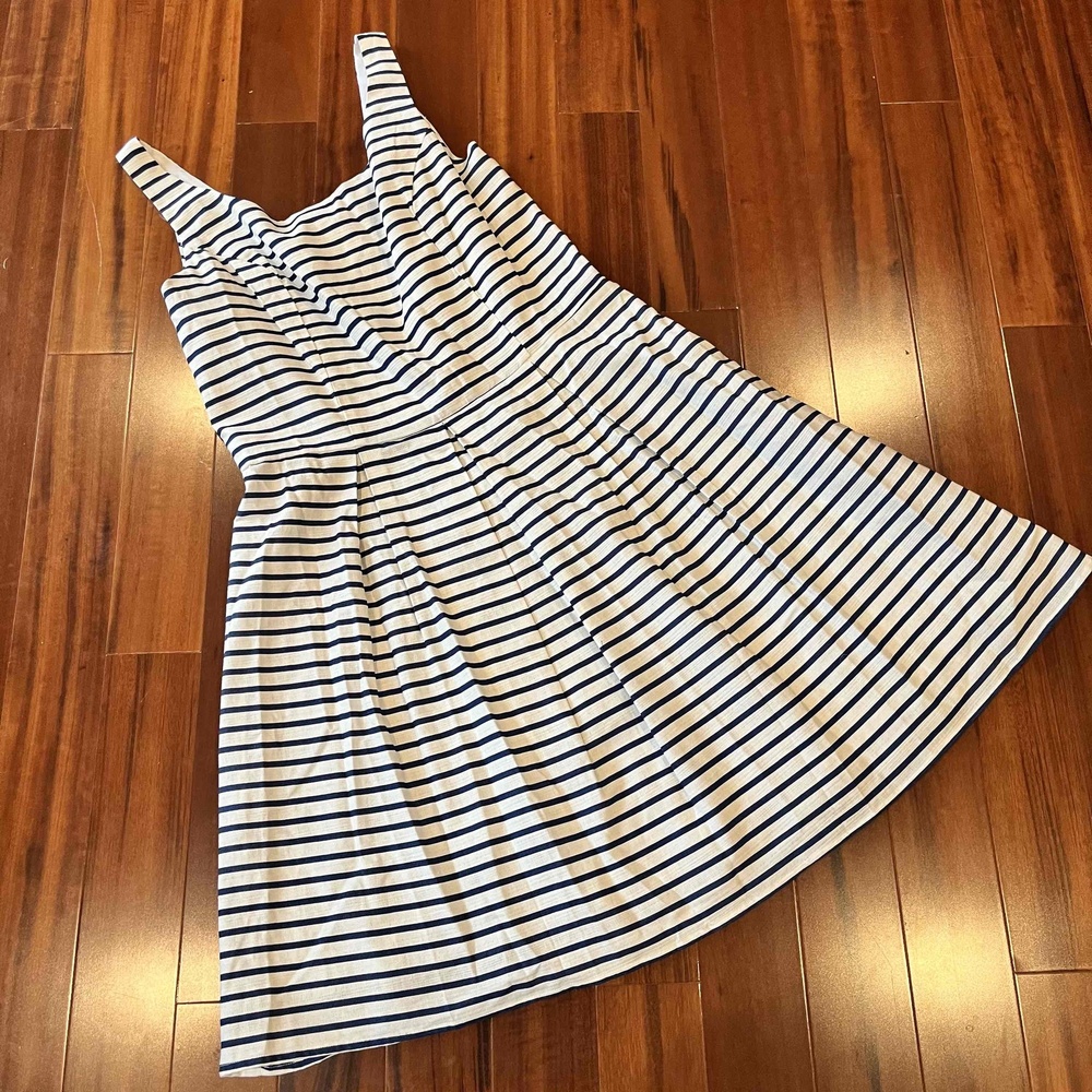 Tiana B. Navy Blue/White Dress Striped Sleeveless Pleated Lined Mini Size 14